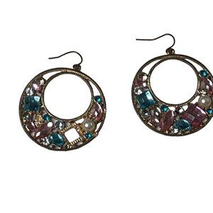 Gold Tone Hoop Earrings Multicolor Rhinestones Faux Pearls Vintage Hook  u
